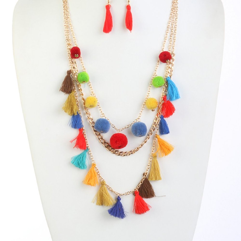 Statement Long Multicolor Layered Tassel/Cotton Ball Necklace Set Gold Tone